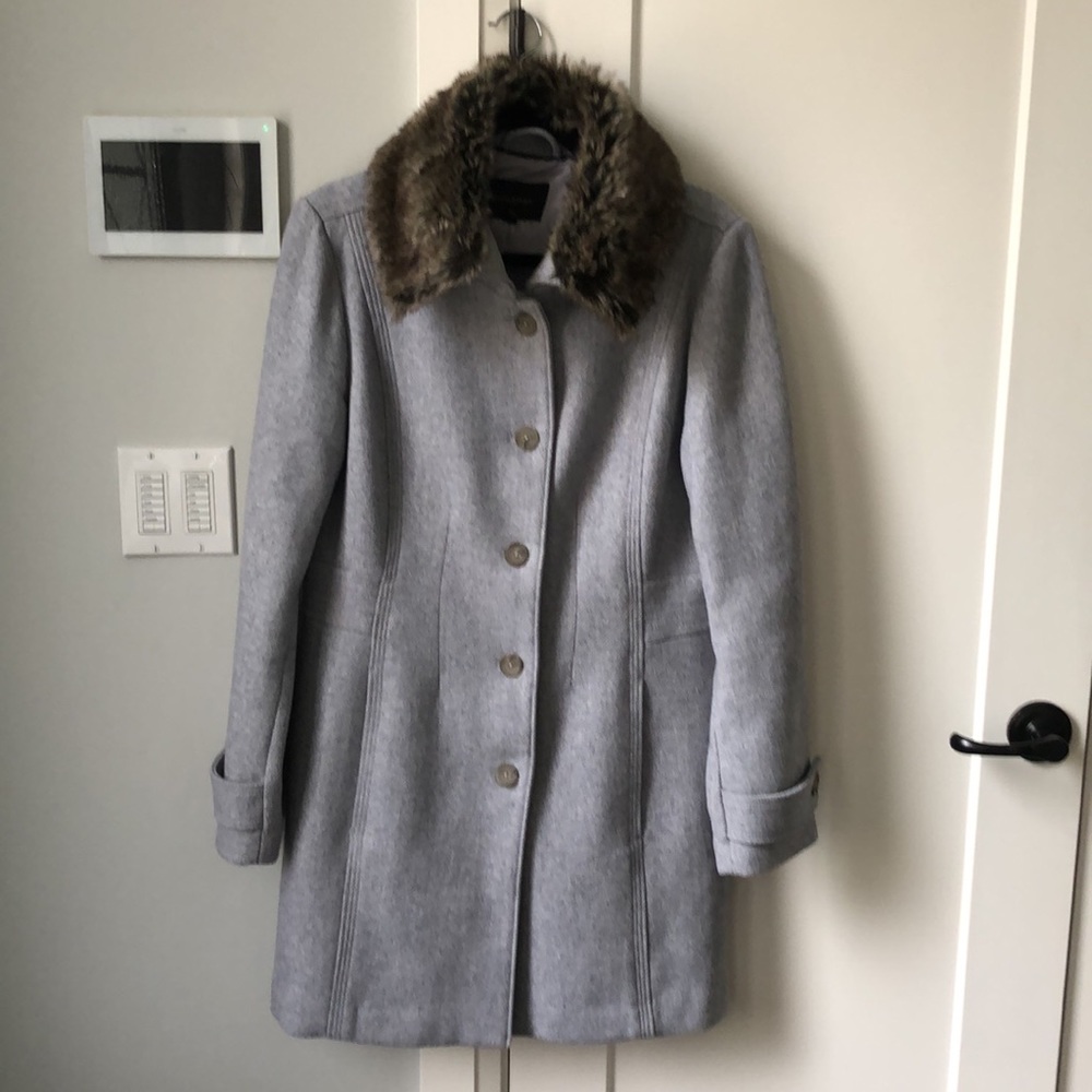 Banana Republic Gray Wool Pea Coat with Faux Fur Collar